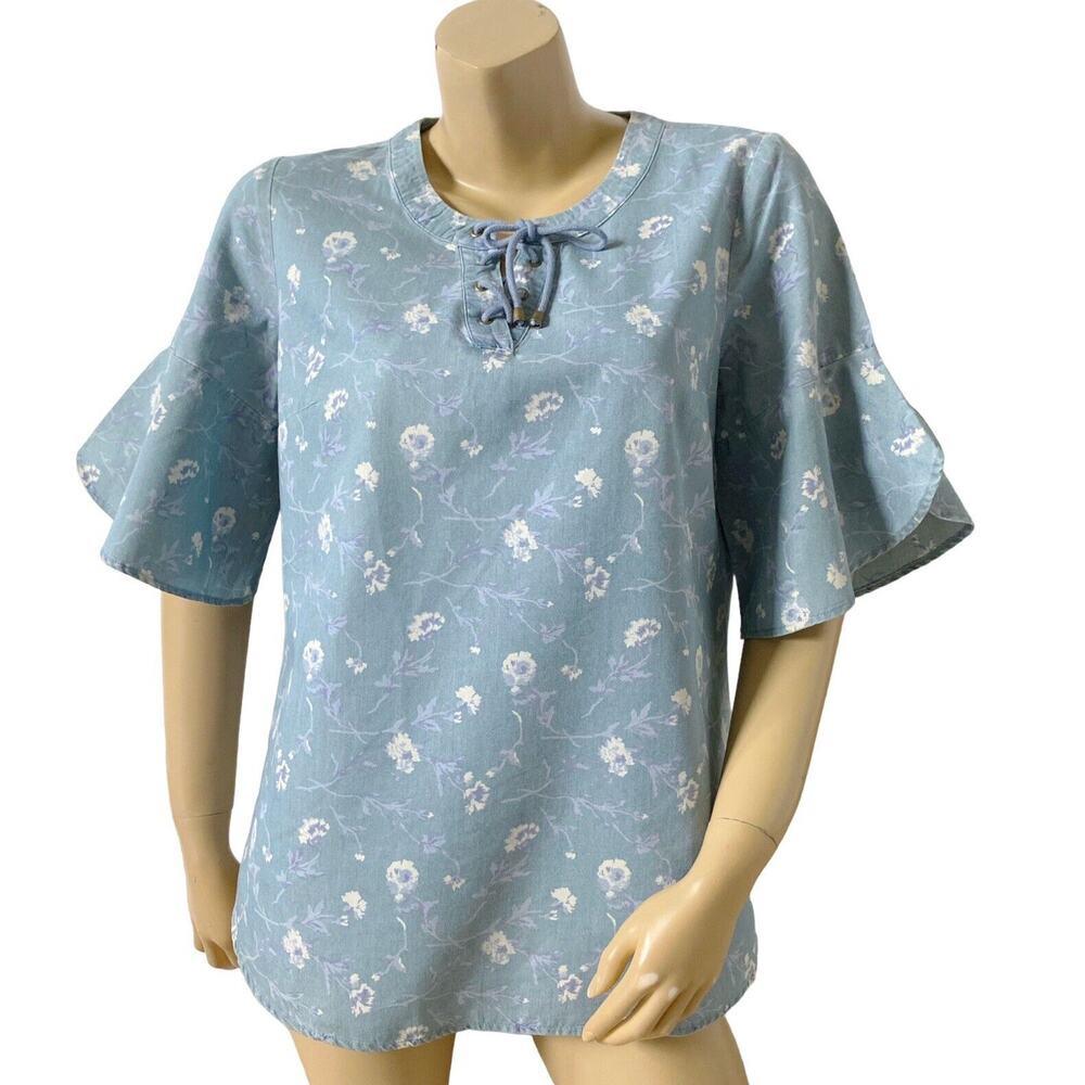 ISAAC MIZRAHI Live Womens Size Small Floral Lace Up Bell Sleeve Boho Shirt Top